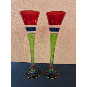 Set of 2 Pier One 10.75” Hollow Stem Glass Champagne Flutes Hand Painted/Blown